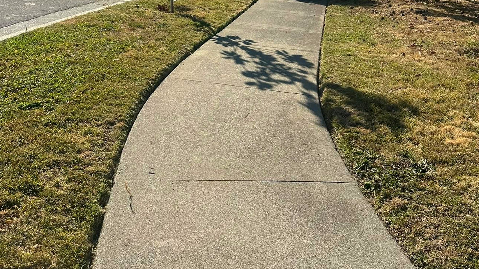 A concrete walkway running between two freshly cut and sharply edged lawns